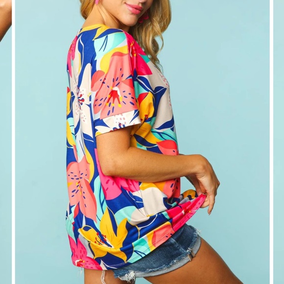 Prep Obsessed Lilly Tropical Floral Pop Drop Shoulder Top - Navy & Yellow - Picture 4 of 9